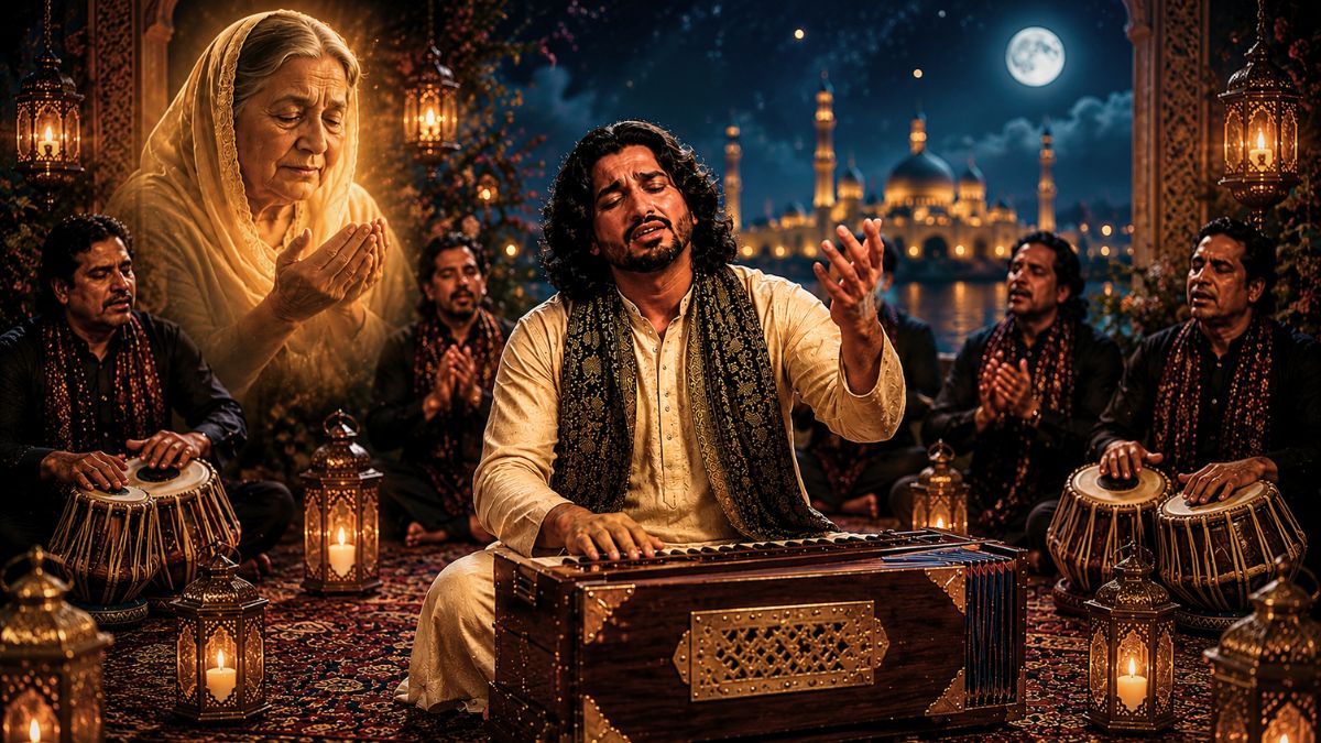 Maa Ki Dua The Unseen Shield Original Sufi Qawwali by Bella Fusion showing a soulful singer praying under the moonlight with harmonium and tabla.